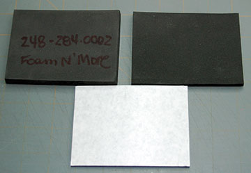 Samples of various thicknesses of neoprene foam rubber with glue on one side.